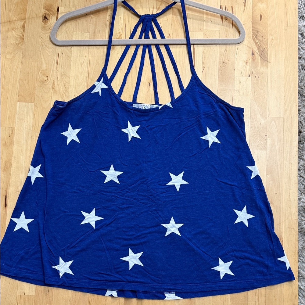VENUS STARS TANK TOP WOMEN L BLUE WHITE T-BACK SPAGHETTI STRAP PATRIOTIC AMERICA